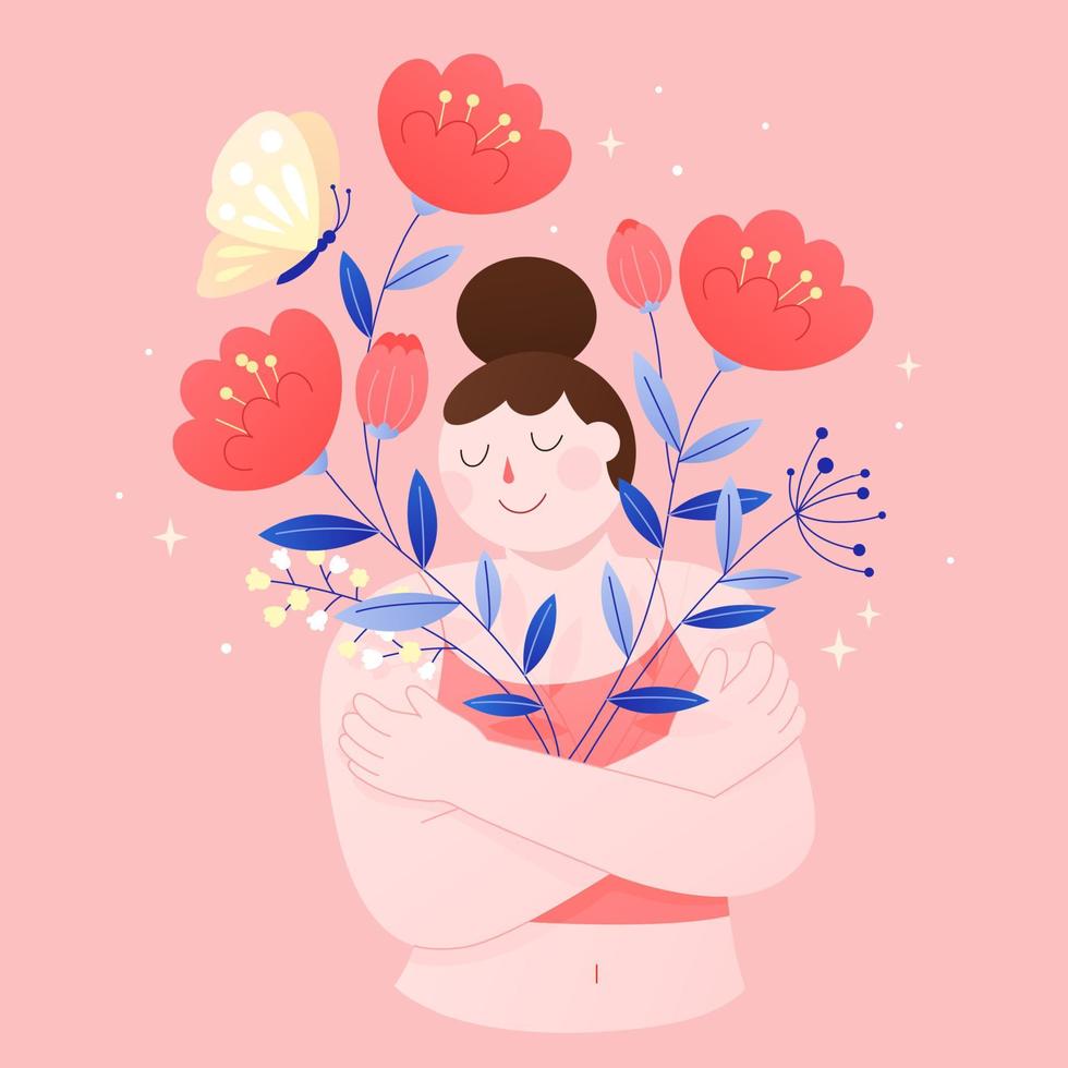 vlak illustratie van een vrouw omarmen haarzelf met bloemen groeit van haar armen. concept van overvloed, zelf liefde en lichaam positiviteit. vector