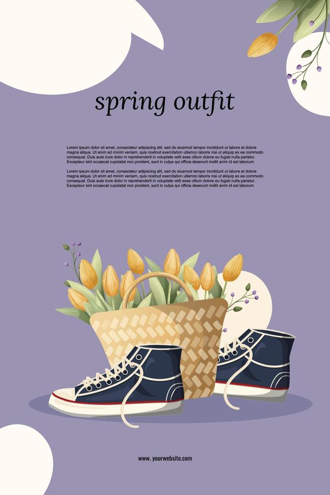 voorjaar kleding met sportschoenen en tulpen. modieus sjabloon voor poster, banier, reclame, vector, vlak vector