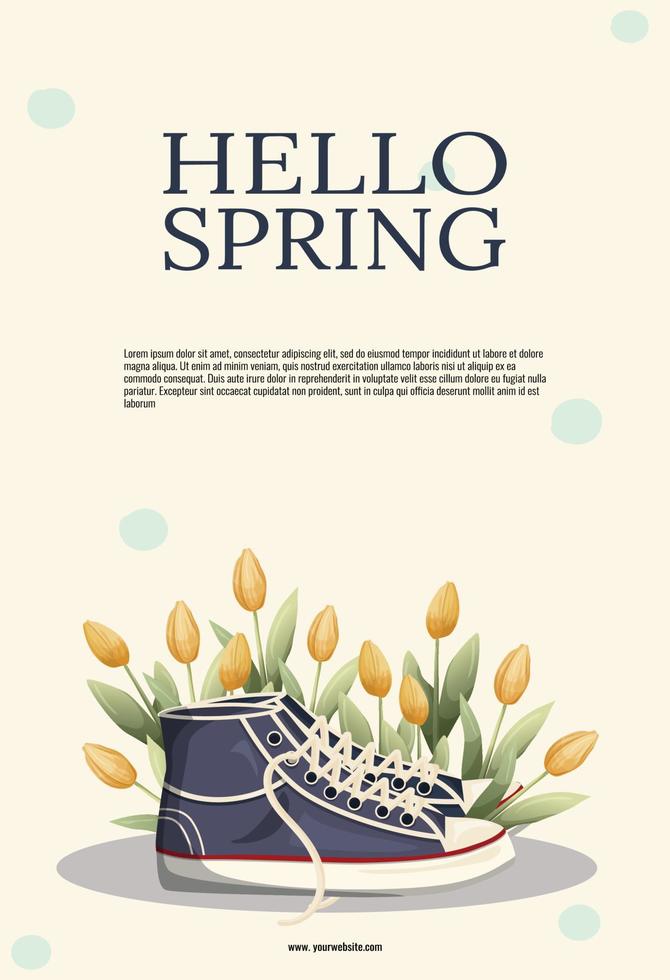 voorjaar poster, folder, met sportschoenen en tulpen. minimalistisch en modieus ontwerp. geschikt voor afdrukken, sociaal media, reclame. vector