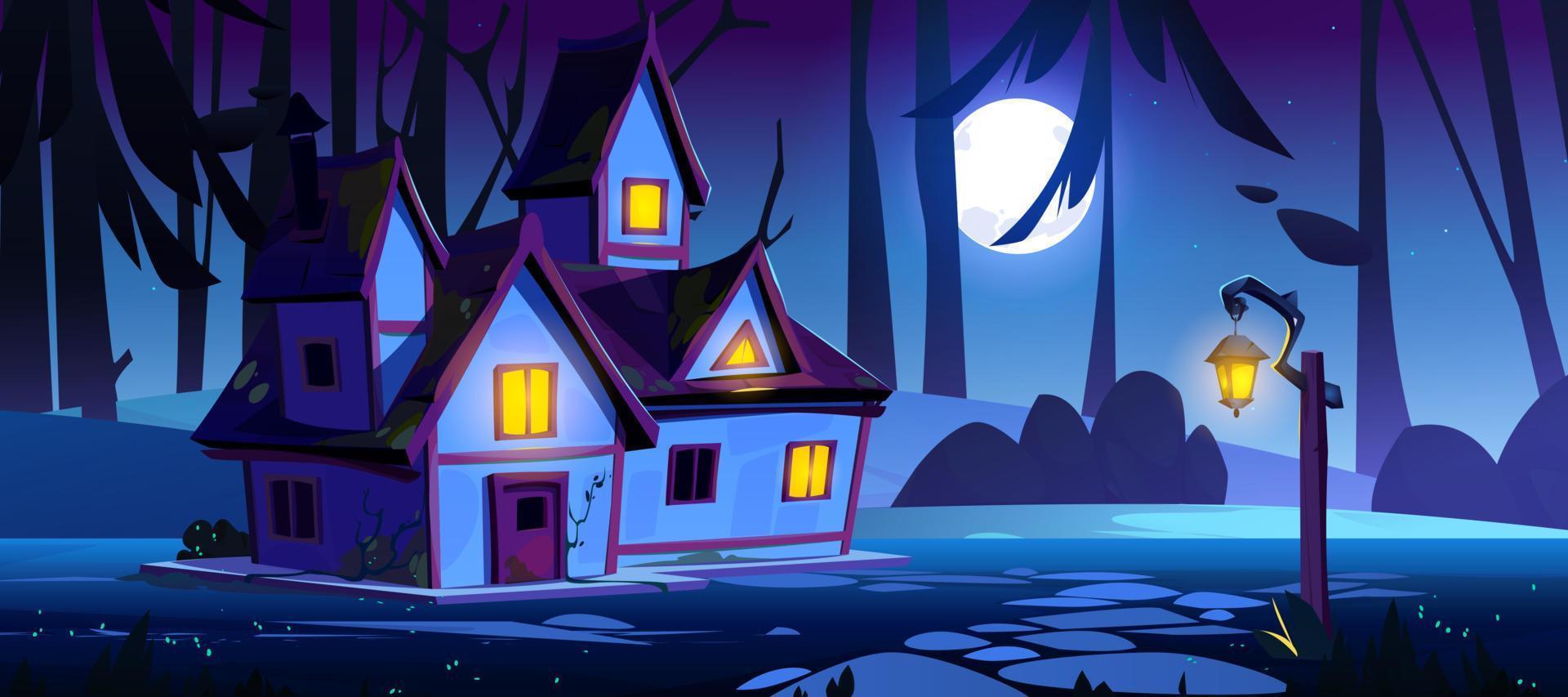 heks huis in Woud landschap Bij nacht vector