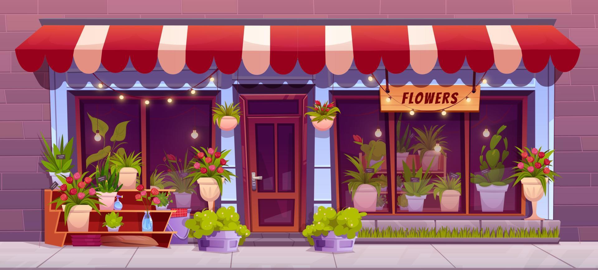 bloemen winkel facade met venster en planten vector