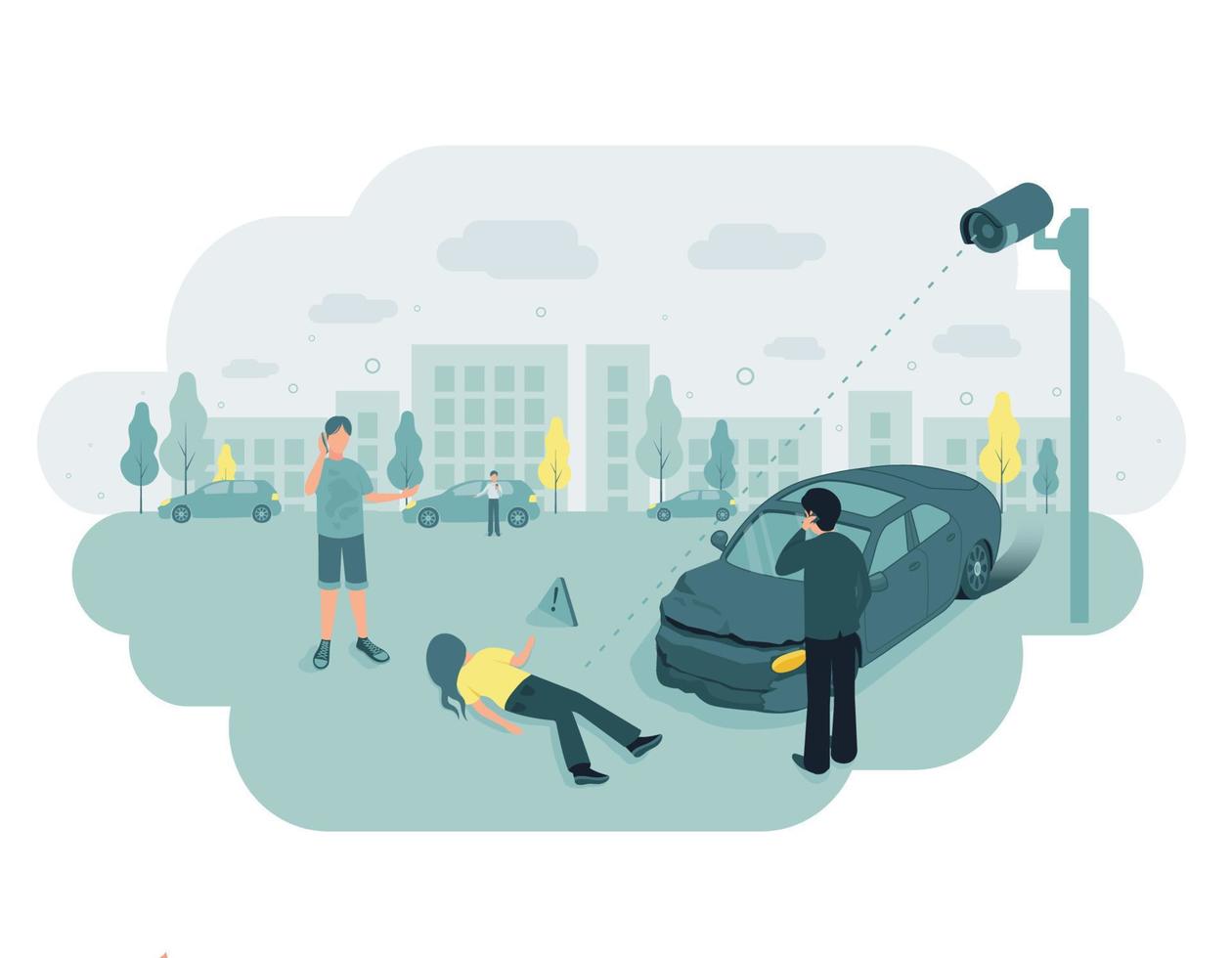 video toezicht. kabeltelevisie. een video toezicht camera opgenomen een verkeer ongeluk. de auto klopte naar beneden een Mens. een voetganger leugens Aan de weg. vector illustratie.