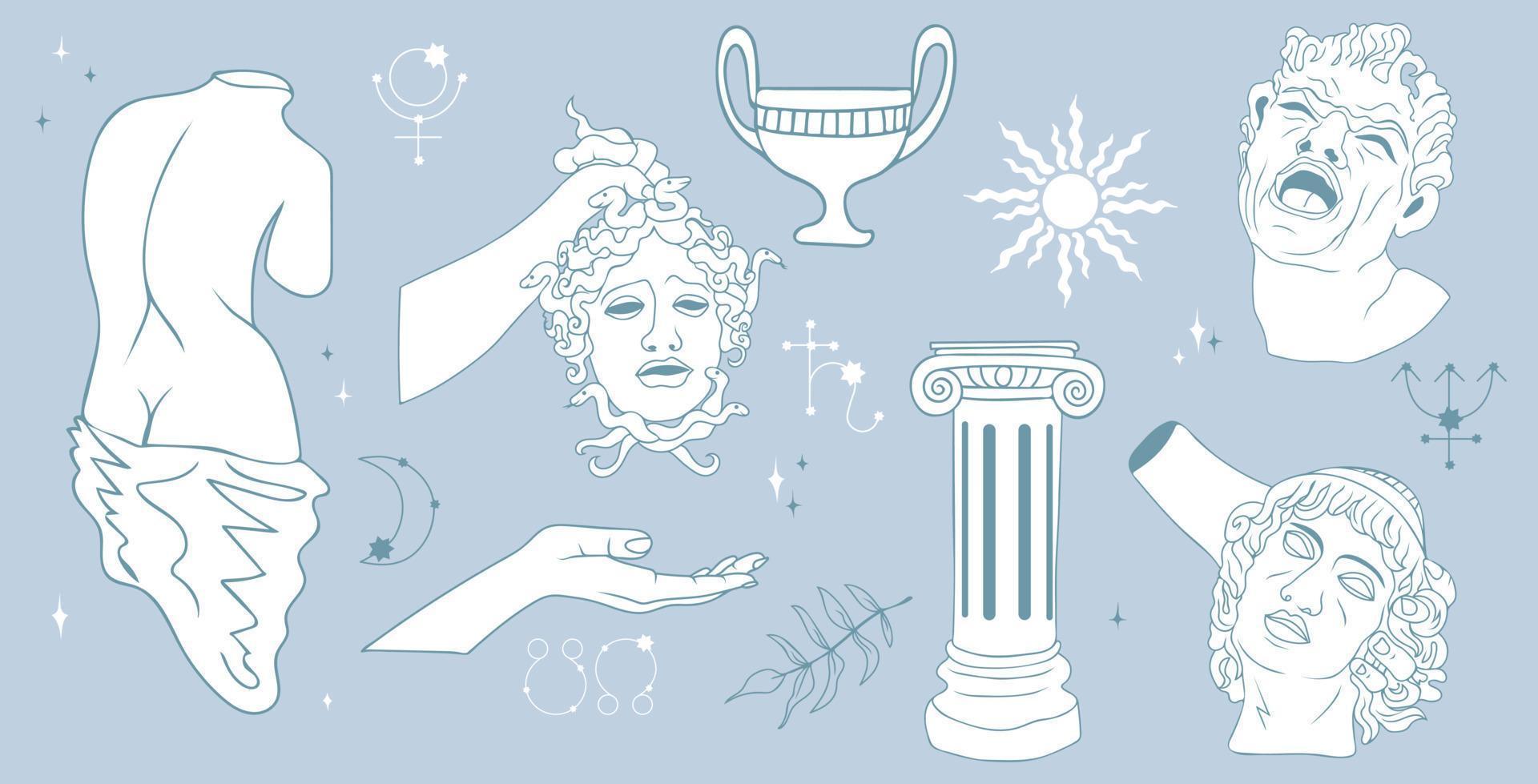 Grieks oude beeldhouwwerk mysticus set. vector hand- getrokken illustraties van antiek klassiek standbeelden in modieus stijl