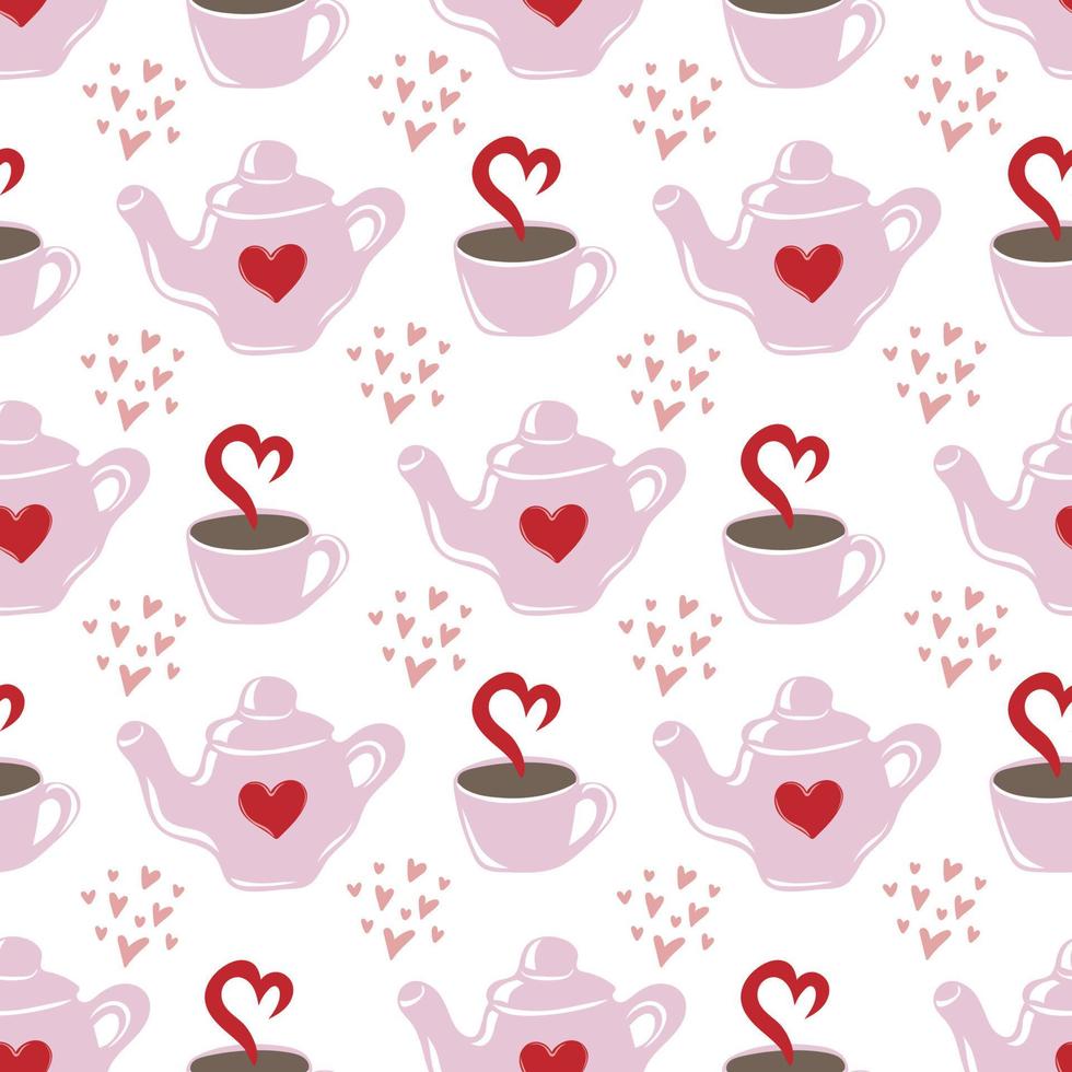 naadloos patroon van harten, theepotten en cups van thee Aan wit achtergrond vector