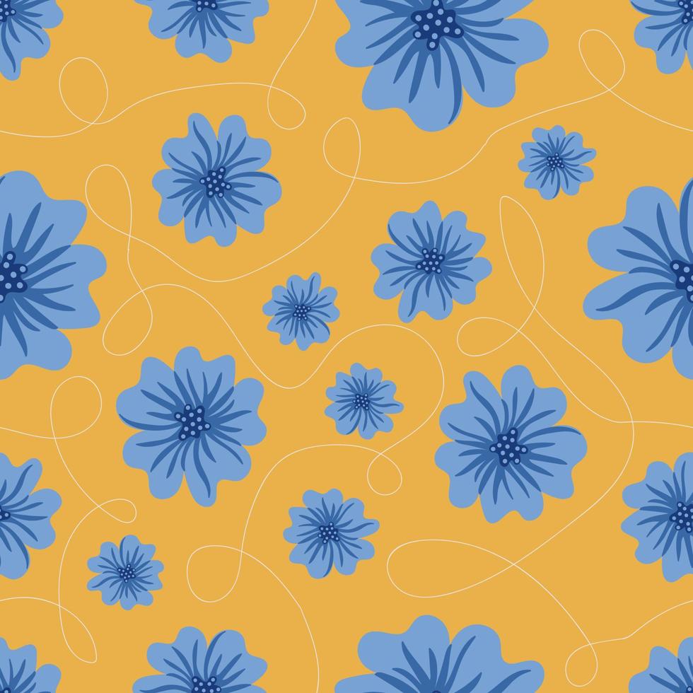 esthetisch hedendaags naadloos patroon met blauw bloemen Aan geel achtergrond vector