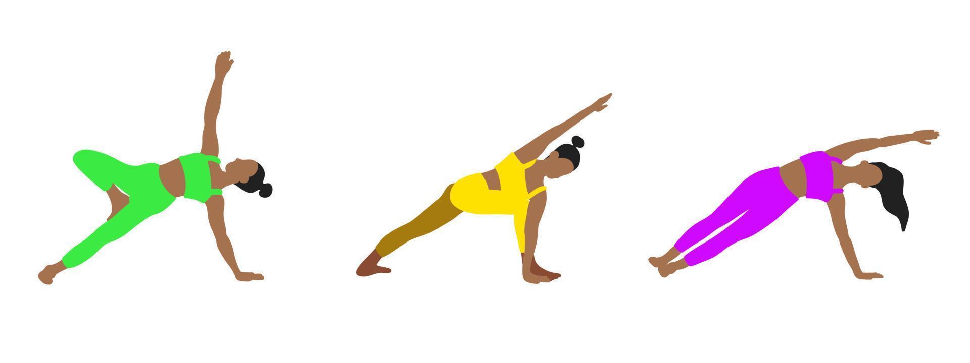 flexibiliteit yoga poses verzameling. Europese, Afrikaanse, Aziatisch vrouw, dame, vrouw, meisje. pilates, mentaal Gezondheid, opleiding, Sportschool. vector illustratie in tekenfilm vlak stijl geïsoleerd Aan wit achtergrond.