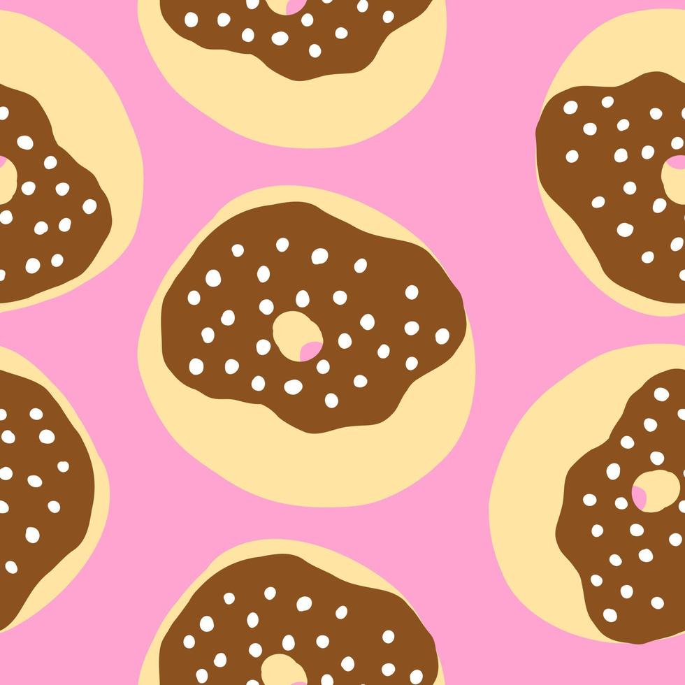 naadloos patroon van donut ringen in tekenfilm vlak stijl. wit haarden hagelslag Aan een roze room met chocola baseren. zoet bakkerij. vector kleurrijk illustratie geïsoleerd Aan licht achtergrond.