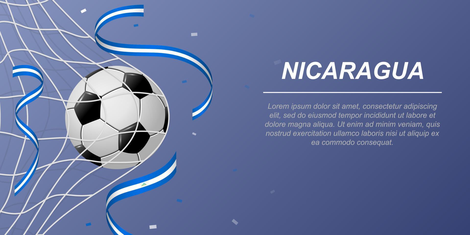 voetbal achtergrond met vliegend linten in kleuren van de vlag van Nicaragua vector