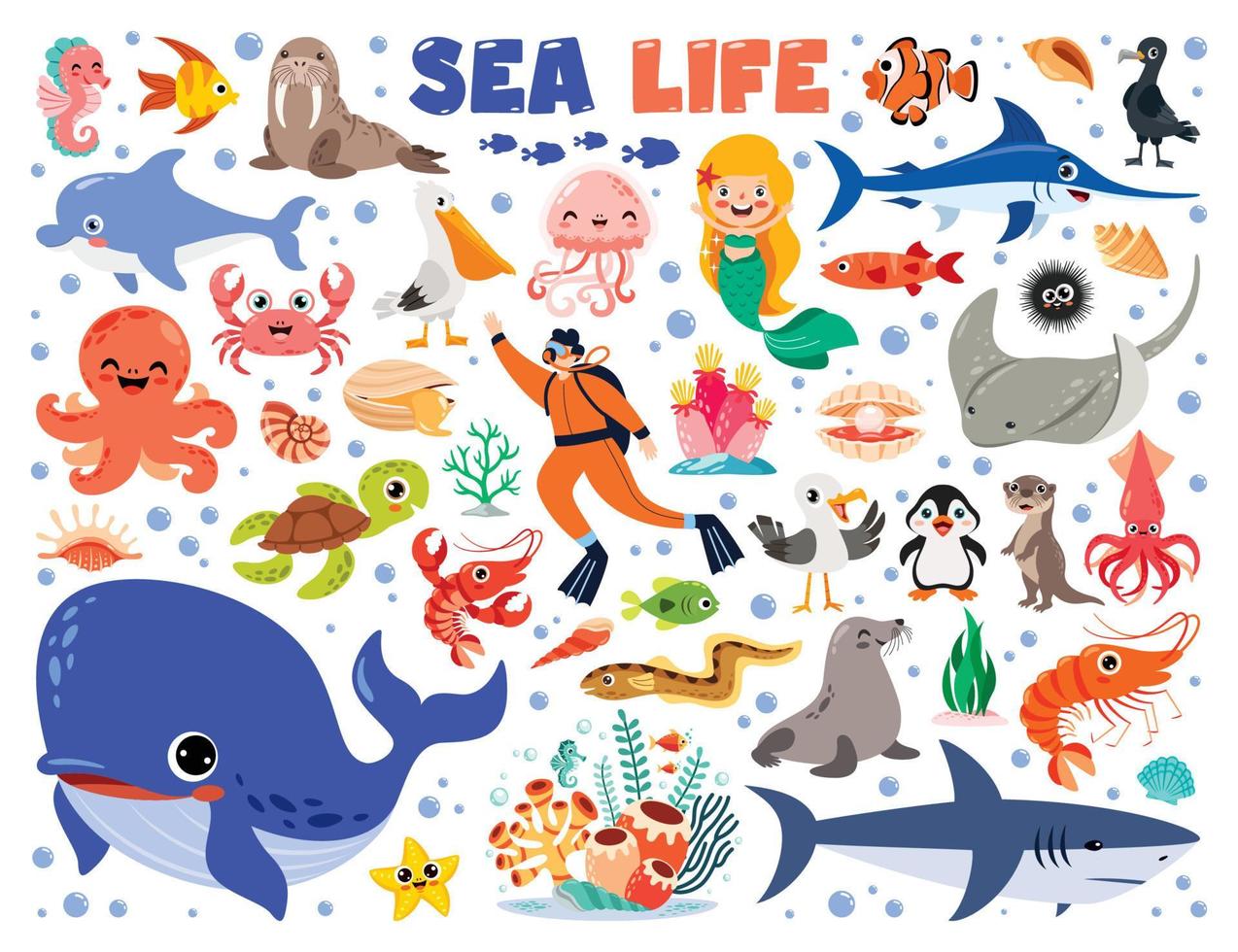 tekenfilm illustratie van zee leven elementen vector