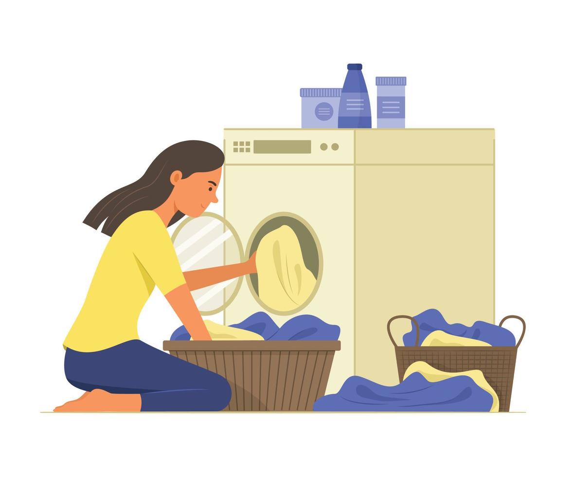 vrouw het wassen kleren met het wassen machine vector