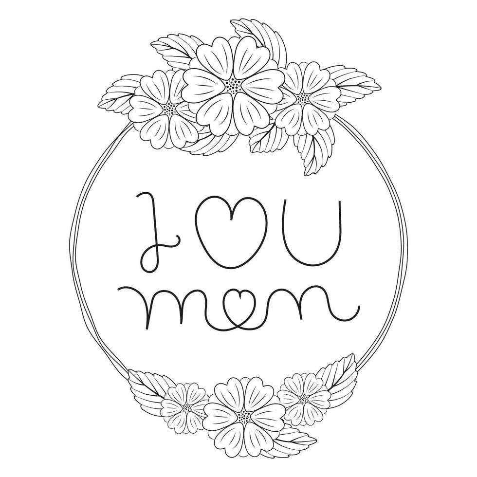 hand- getrokken tekening bloem boeket, met ik liefde u mama, tekst krans bloem kader, schattig tekening borstel ronde bloemen kader, moeder dag geschenk, groet kaart doos, ontwerp elementen voor, poster, banier, vector