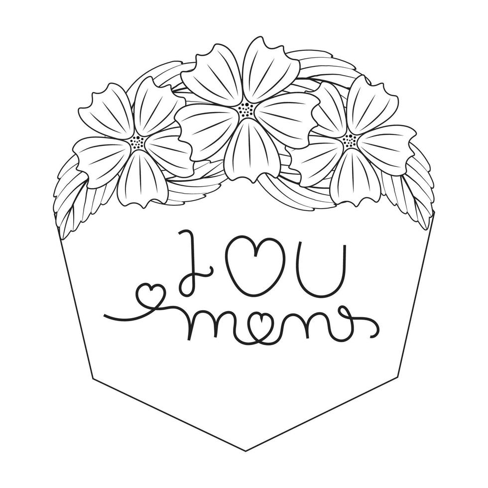 hand- getrokken tekening bloem boeket, met ik liefde u mama, tekst krans bloem kader, schattig tekening borstel ronde bloemen kader, moeder dag geschenk, groet kaart doos, ontwerp elementen voor, poster, banier, vector