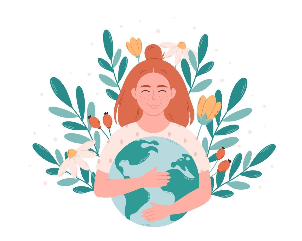vrouw knuffelen aarde wereldbol. aarde dag, besparing planeet, natuur beschermen, ecologisch bewustzijn vector