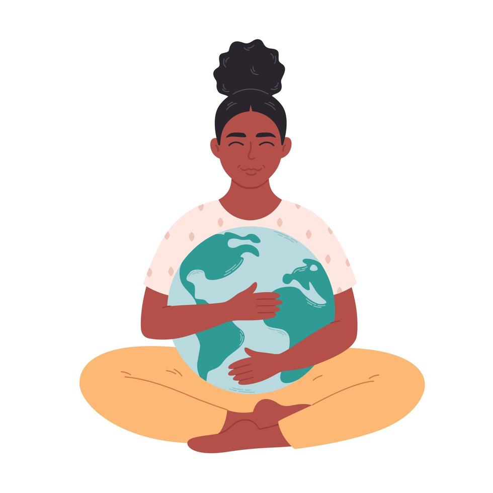 zwarte vrouw knuffelen earth globe. Earth Day, planeet redden, natuur beschermen, ecologisch bewustzijn vector