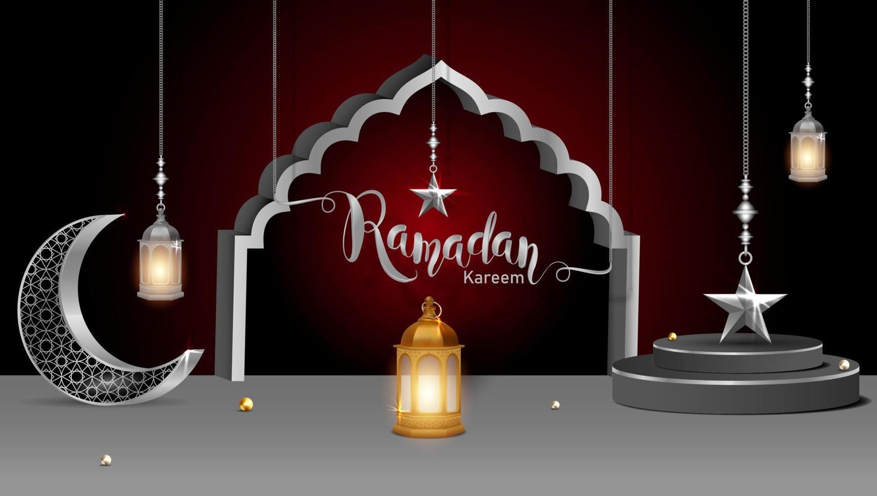 3d modern Islamitisch vakantie spandoek. Scherm podium met Ramadan lantaarn, metaal maan en moskee portaal vector