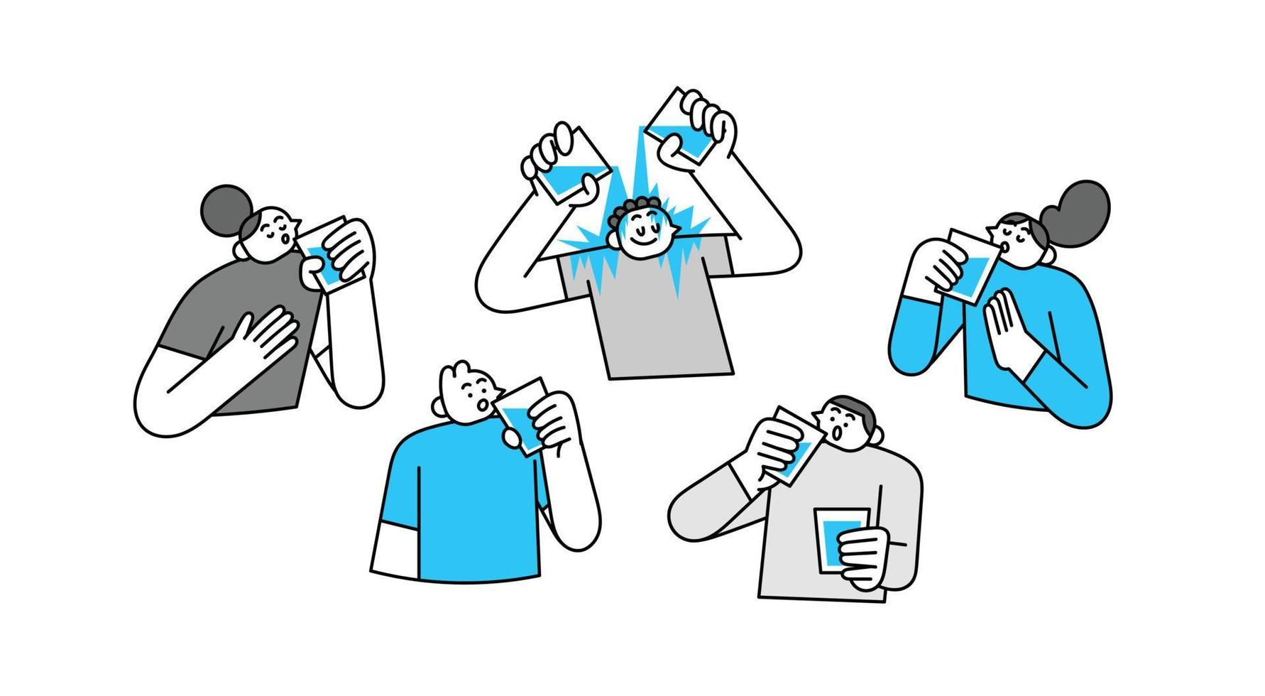 reeks van dorstig mensen drinken van glas van water hand- getrokken karakter illustratie vector