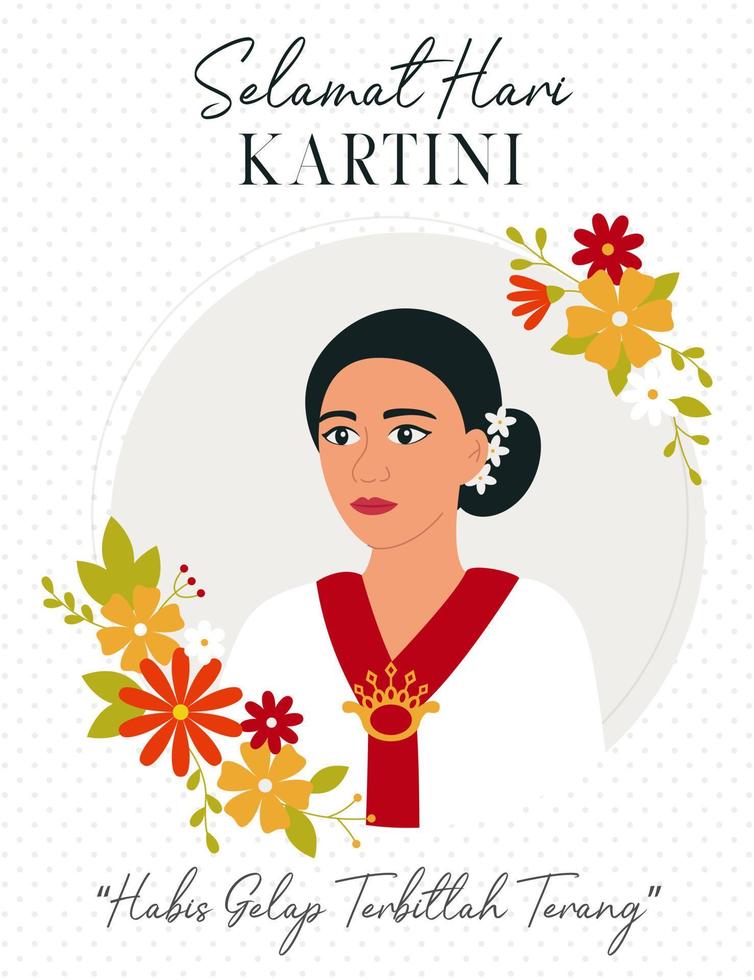 kartini is vrouw held van Indonesië. selamat hari kartini middelen gelukkig kartini dag. Aziatisch vrouw met bloemen. habis gelap terbitlah terang middelen na duisternis komt licht. vlak vector illustratie