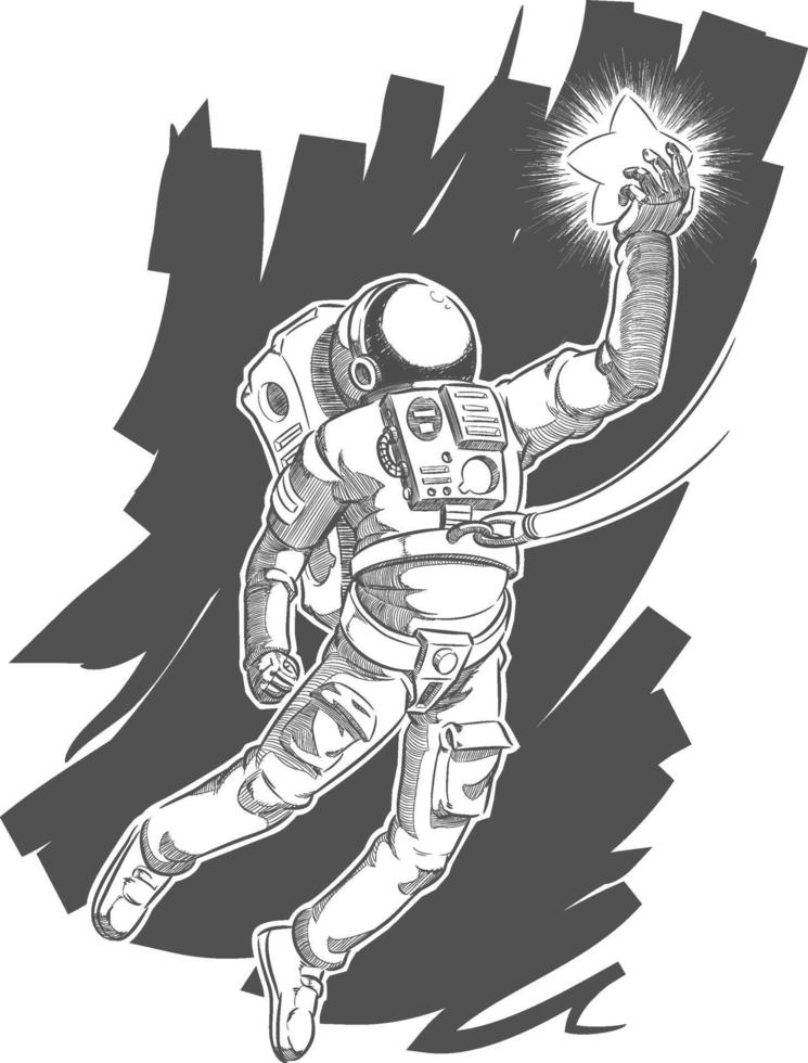 astronaut schets ruimtevaarder doodle kosmonaut grijpende ster tekening vector