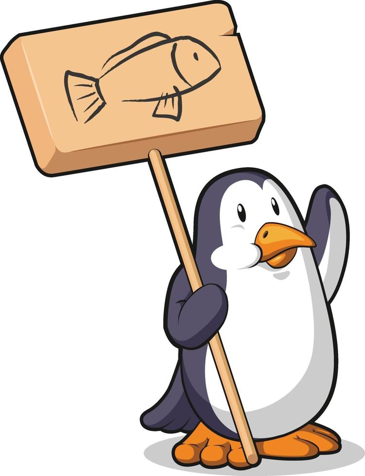 hongerige pinguïn met houten teken cartoon illustratie vector tekening
