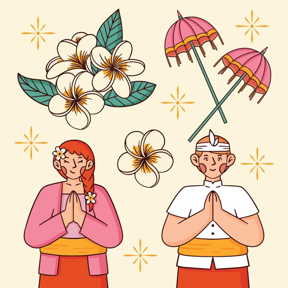 gelukkig nyepi dag van stilte Bali Hindoe Indonesië Bedrijfsmiddel illustratie voorwerp karakter vector vlak ontwerp icoon pakket van vrouw en Mens, met paraplu en jasmijn reeks