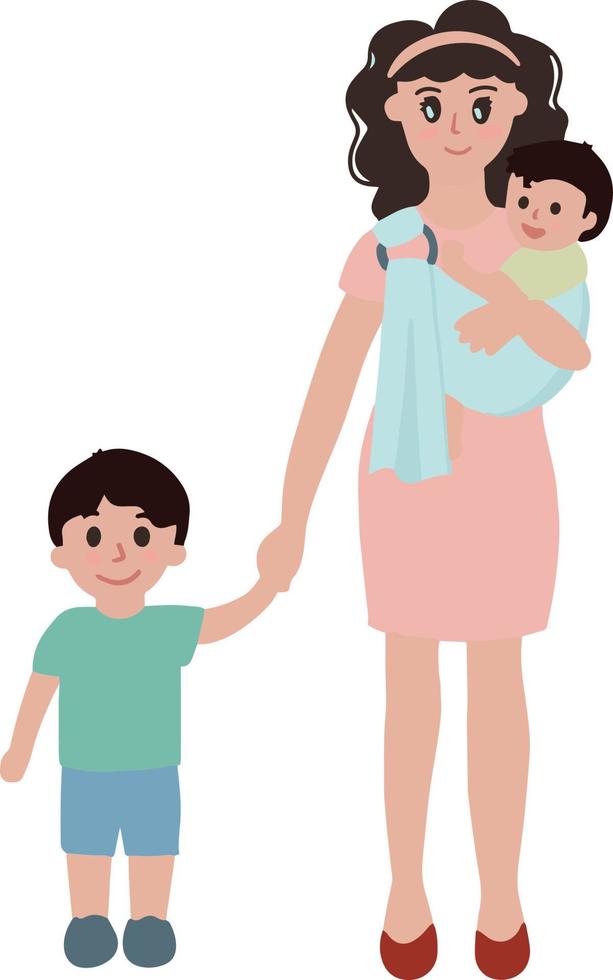 portret mam van twee kinderen draag- een baby met inpakken en Holding hand- een kleuter vector illustratie