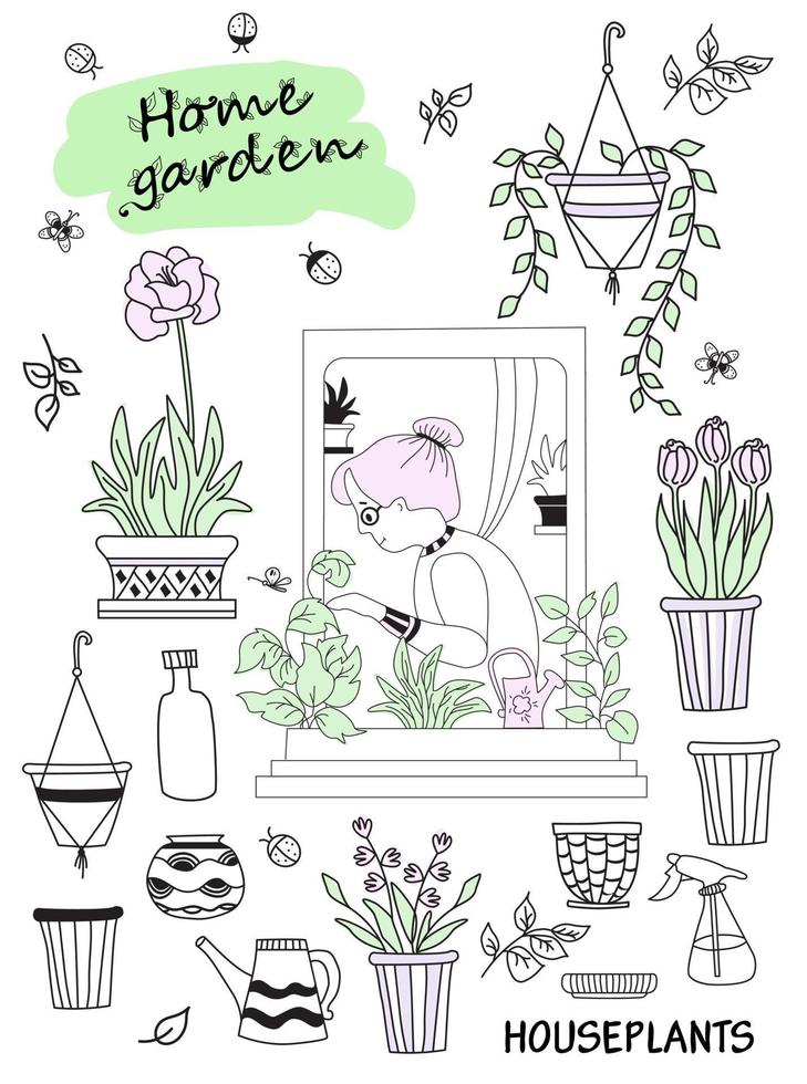 kamerplanten in een modern huis en mensen. oudere vrouw in een groen interieur. set doodles vrouw in een raam met vlinders en bloempotten en bloemen, potten en gereedschappen. hobby's en groen huis vector