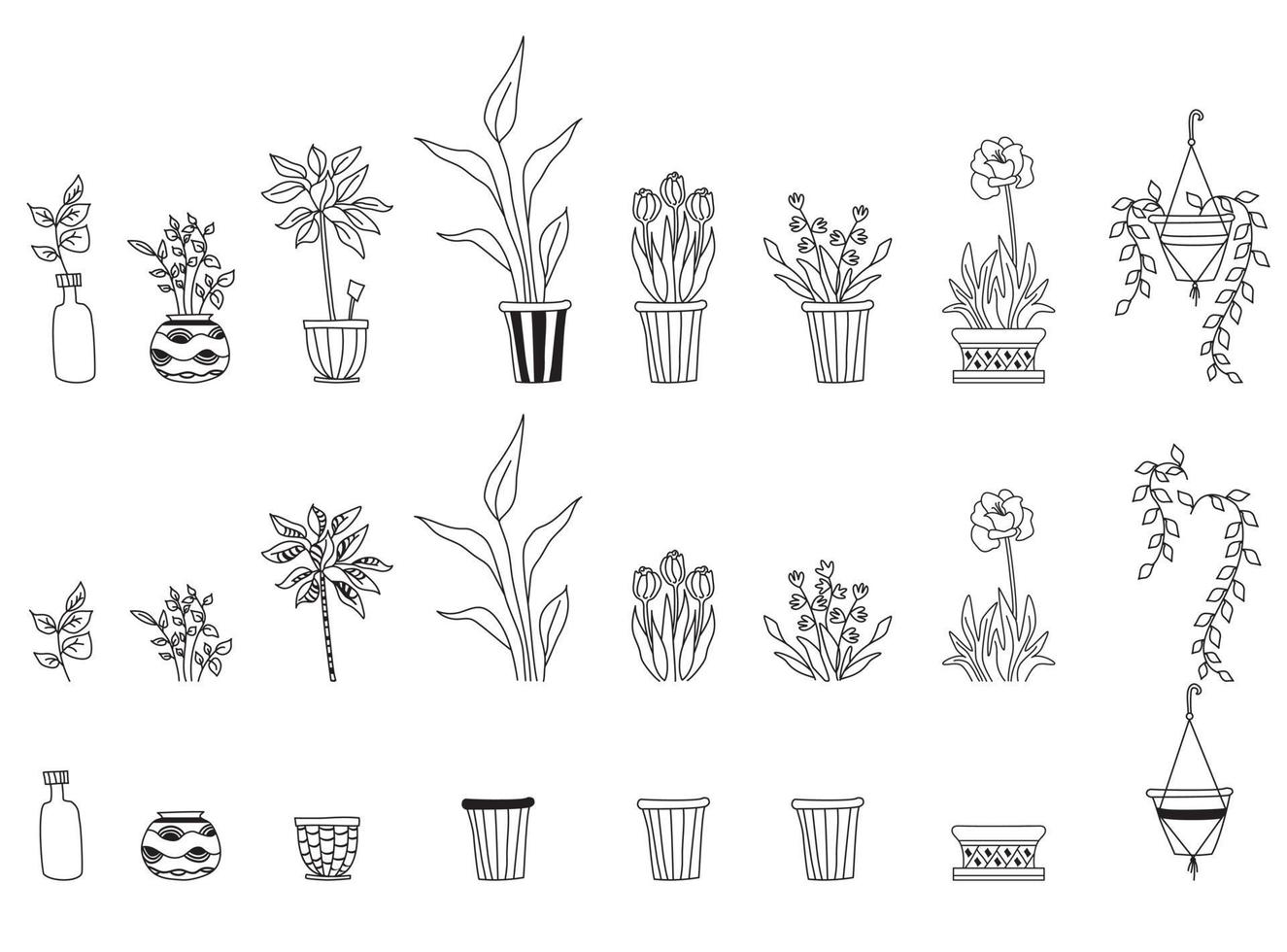 set van verschillende kamerplanten. botanische set - bloempotten, potten, bloemen, bladeren. vector