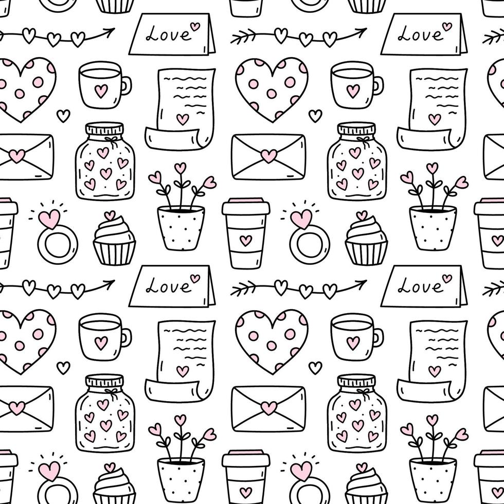 schattig naadloos patroon voor Valentijnsdag dag met harten, pijlen, cupcakes, liefde brieven en enveloppen. vector hand getekend tekening illustratie. perfect voor vakantie ontwerpen, afdrukken, decor, omhulsel papier.