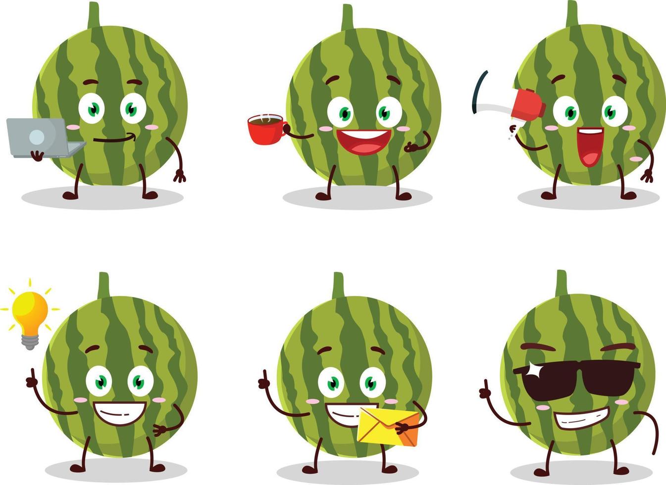 watermeloen tekenfilm karakter met divers types van bedrijf emoticons vector