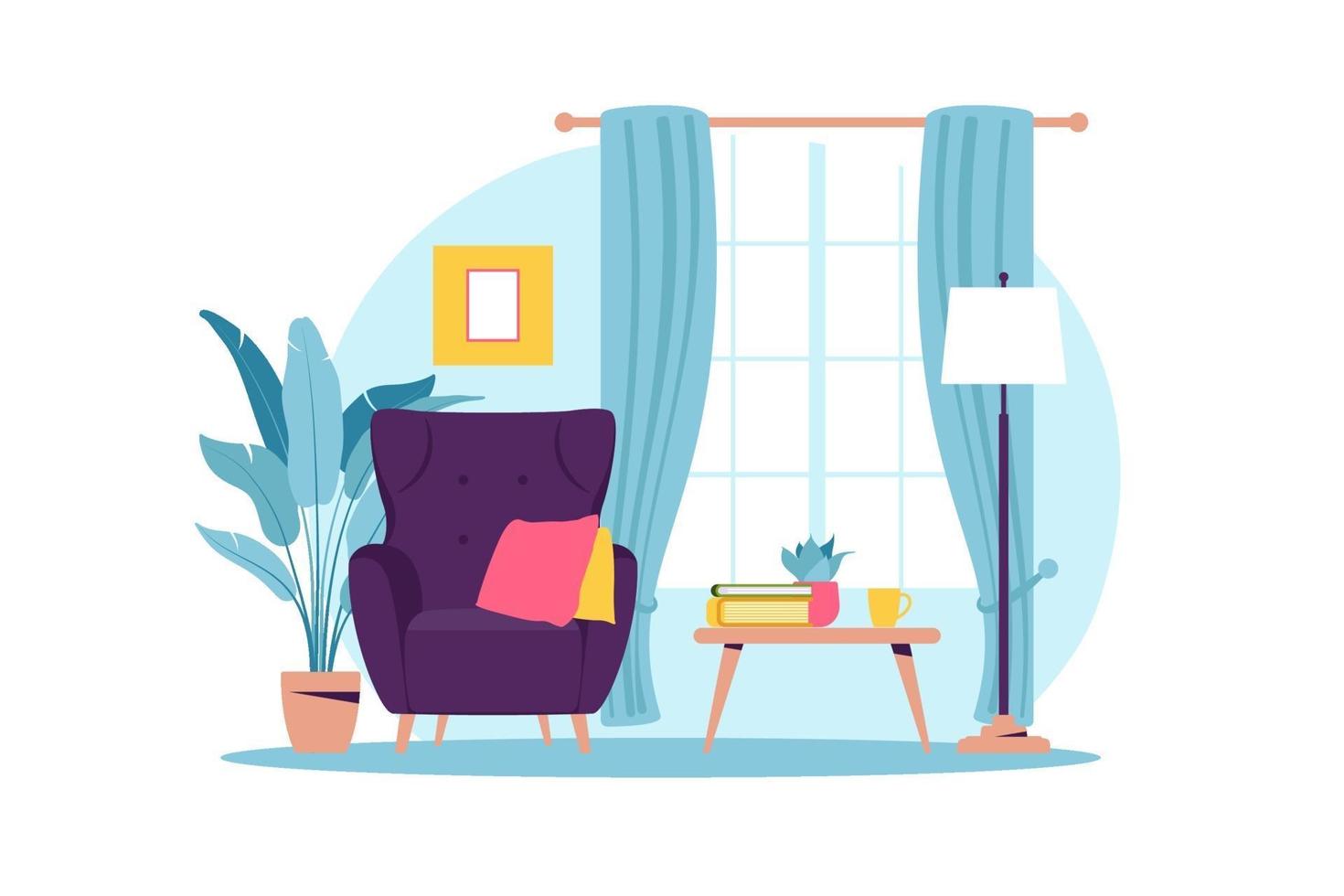 interieur van de woonkamer met meubels. moderne fauteuil met minitafeltje. platte cartoon stijl. vector illustratie.