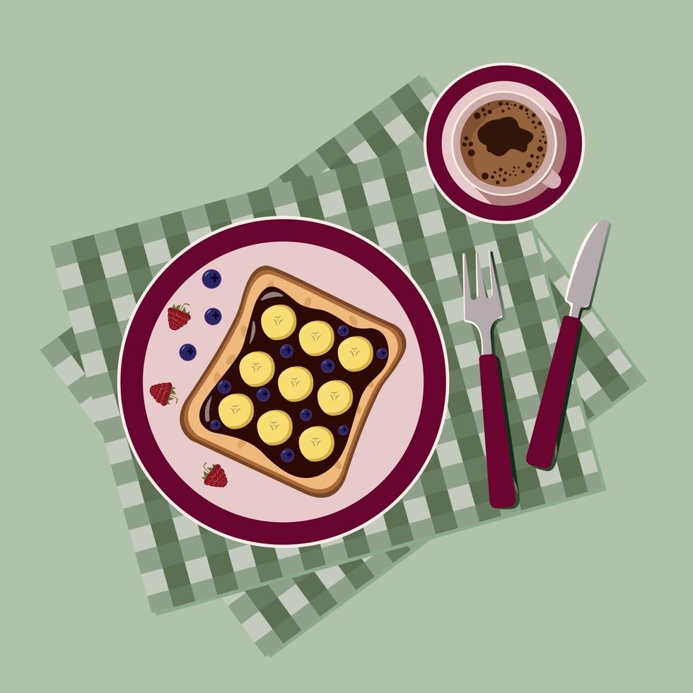 ontbijt met pannenkoeken en koffie bovenaanzicht vector