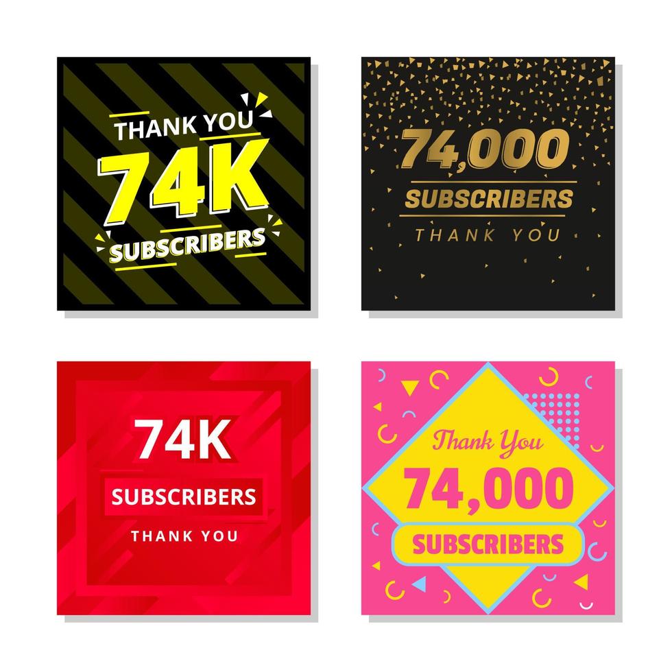 dank u 74k abonnees reeks sjabloon vector. 74000 abonnees. 74k abonnees kleurrijk ontwerp vector. dank u zeventig vier duizend abonnees vector