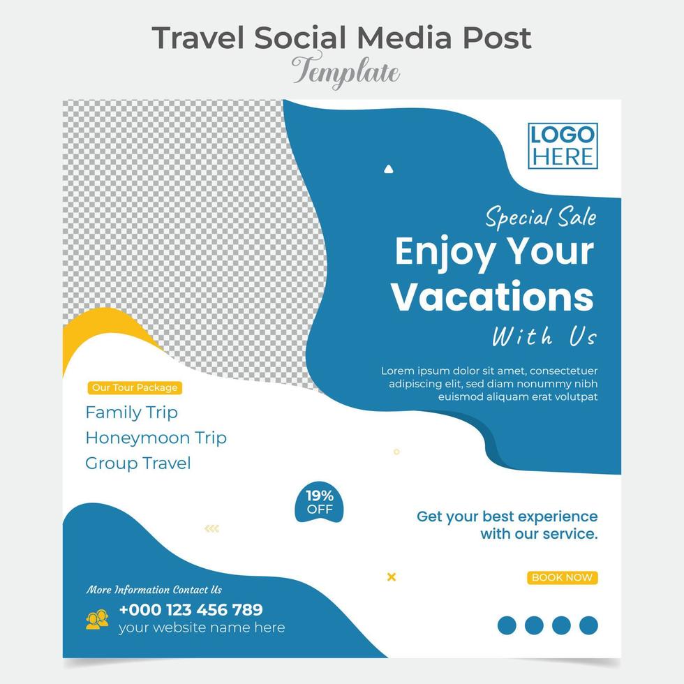 reizen en tour vakantie vakantie plein folder post banier en sociaal media post sjabloon ontwerp vector