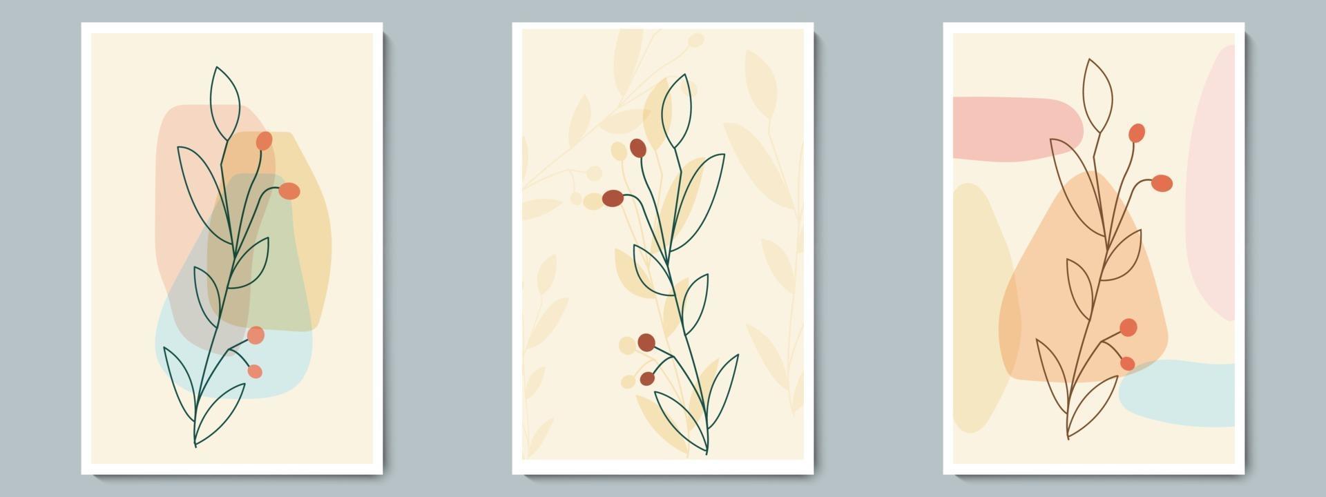 botanische muur kunst vector poster set. minimalistisch contourgebladerte met abstracte eenvoudige vorm.