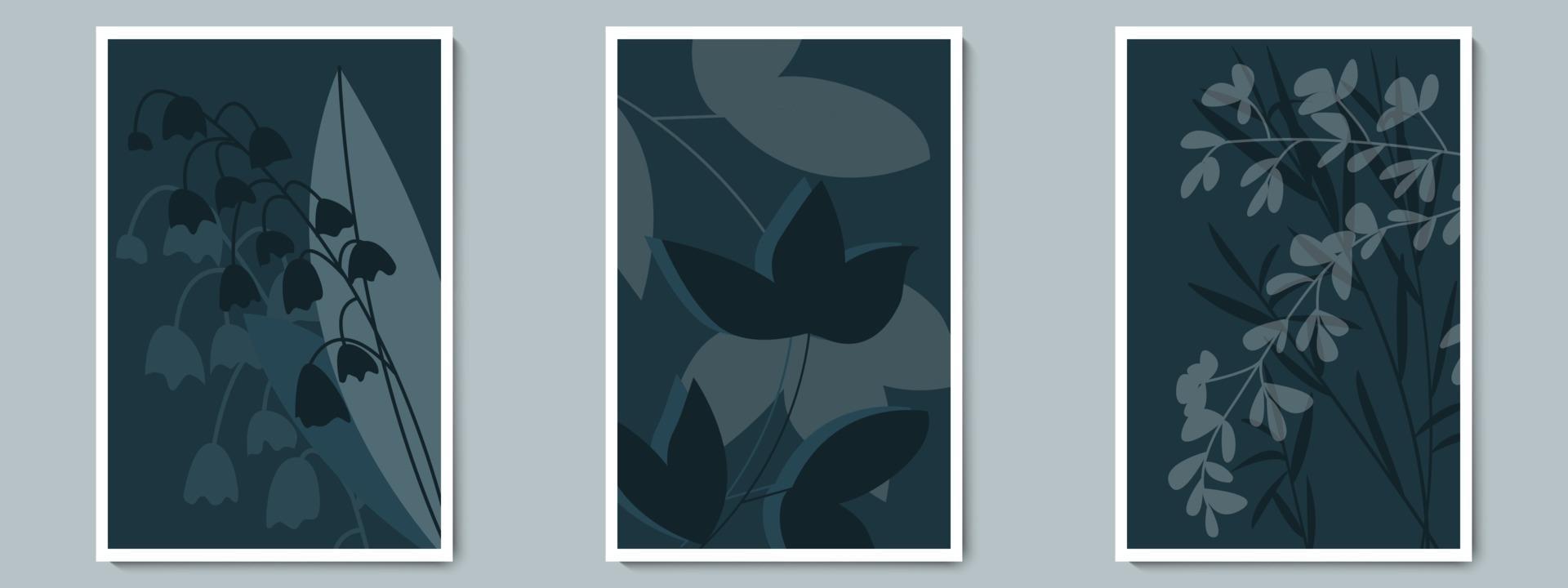 botanische donkere muur kunst vector poster set. minimalistisch schaduwgebladerte met nachtachtergrond.