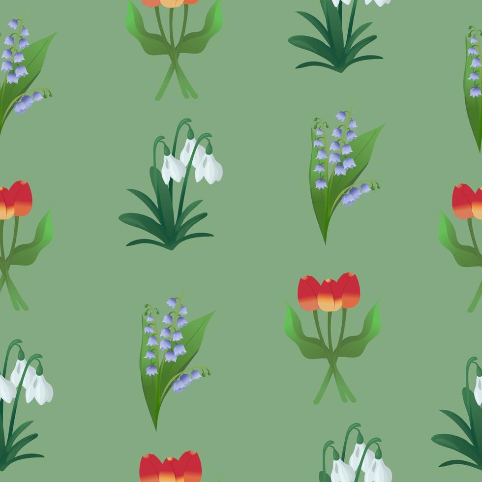 voorjaar concept. vlak tekenfilm naadloos patroon met tulpen, sneeuwklokjes en boshyacinten vector