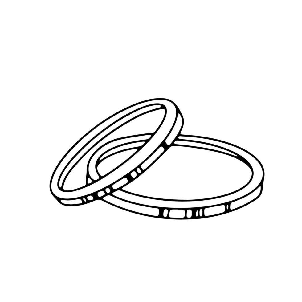 paar- van traditioneel gouden bruiloft ringen. monochroom schetsen geïsoleerd Aan wit achtergrond. hand- getrokken tekening van ringen voor bruid en bruidegom, symbool van liefde vector