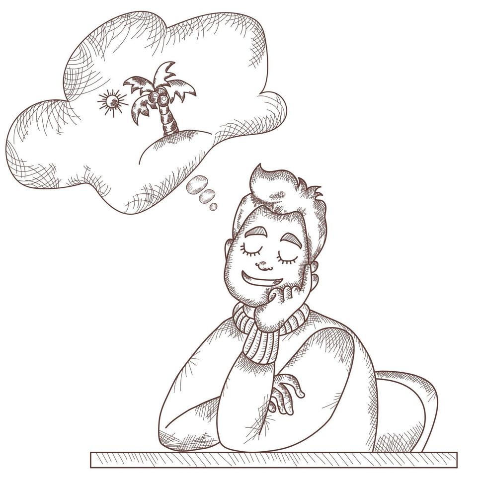 een man aan tafel zit te rusten, sloot zijn ogen en droomt van rust op het eiland. daarboven is een wolk met een afbeelding van palmbomen. vector lijn en slagen