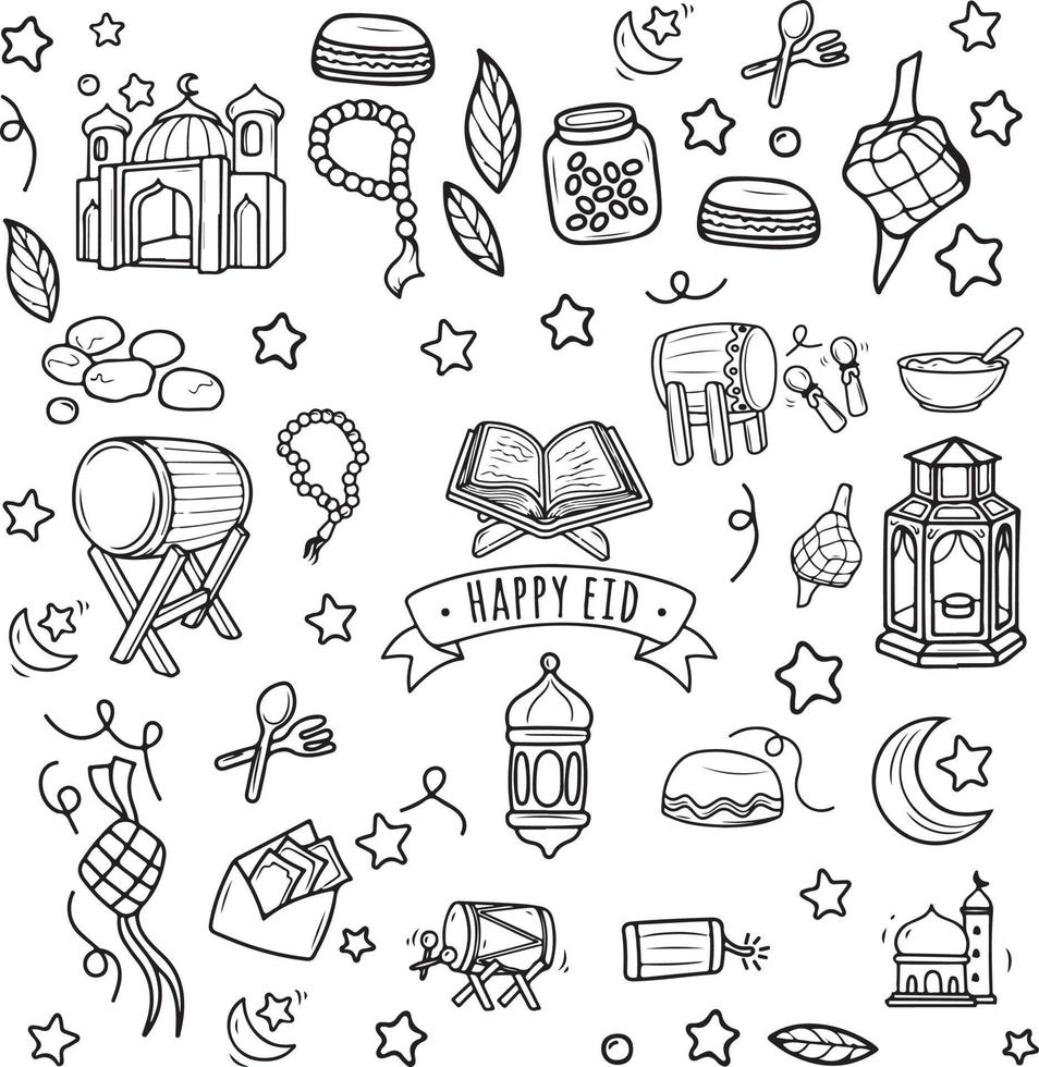 een lijn kunst tekening van eid en Ramadhan pictogrammen. geschikt voor poster, banier, uitnodiging kaart, Notitie boek omslag, presentatie, geschenk ontwerp, enz vector