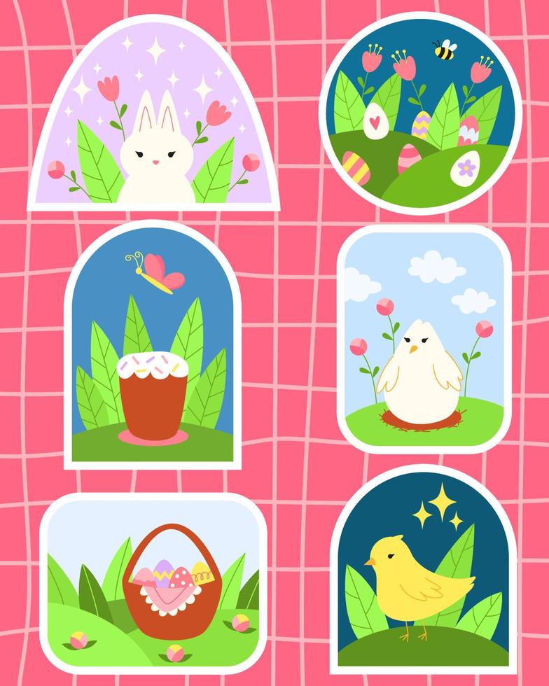 voorjaar Pasen sticker reeks met schattig dier tekens en tuin elementen. tekenfilm Pasen konijn, eieren in mand, bloemen, Pasen taart, kippen en vogels. vector