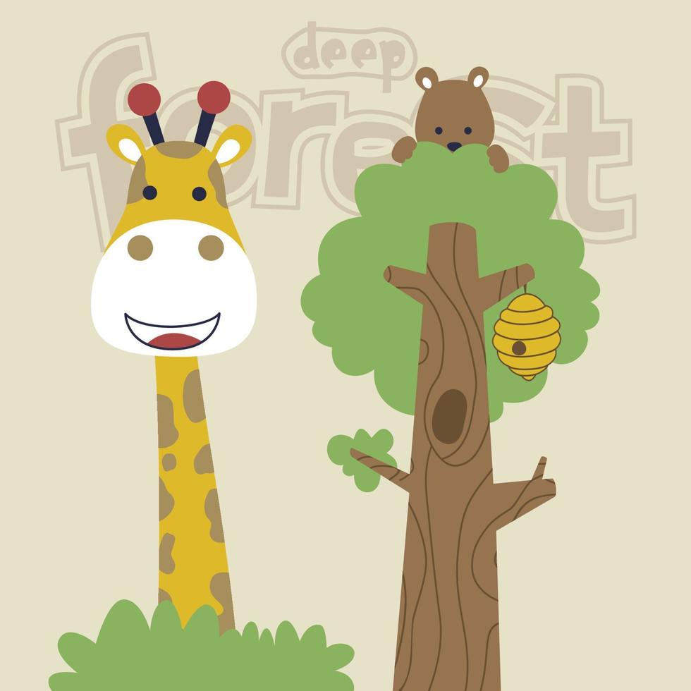 grappig giraffe met weinig beer Aan boom, vector tekenfilm illustratie