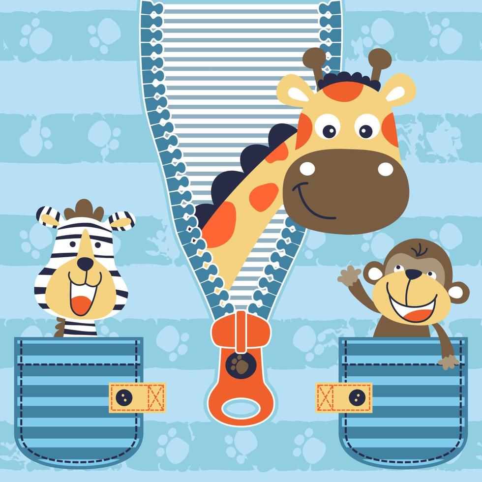 grappig giraffe komen uit van rits, zebra met aap in zak. vector tekenfilm illustratiegrappig giraffe komen uit van rits, zebra met aap in zak. vector tekenfilm illustratie
