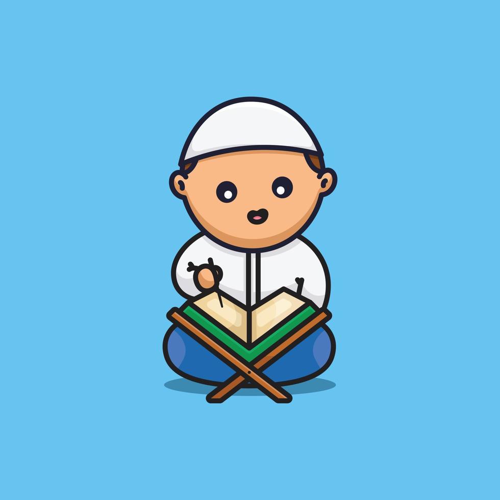schattig jongen zittend en lezing al koran tekenfilm illustratie Moslim mensen religie vector