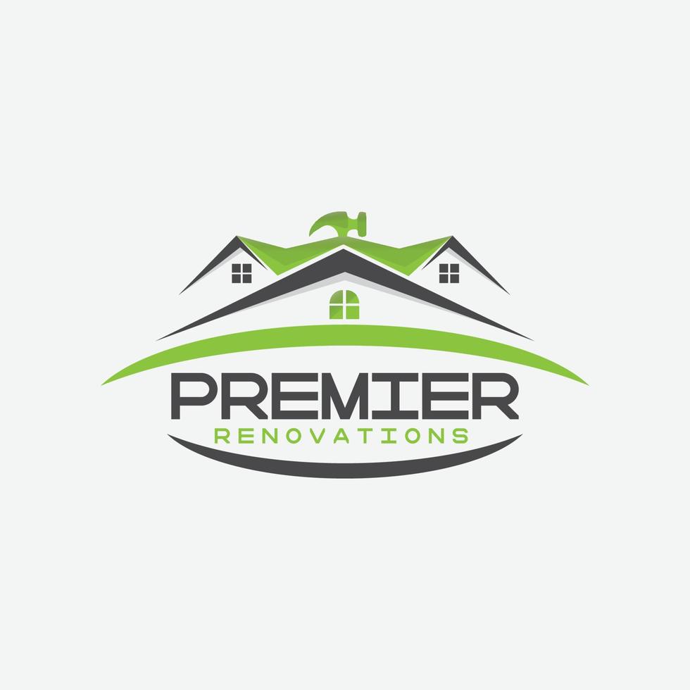 huis premier renovaties logo met dak en hamer vector