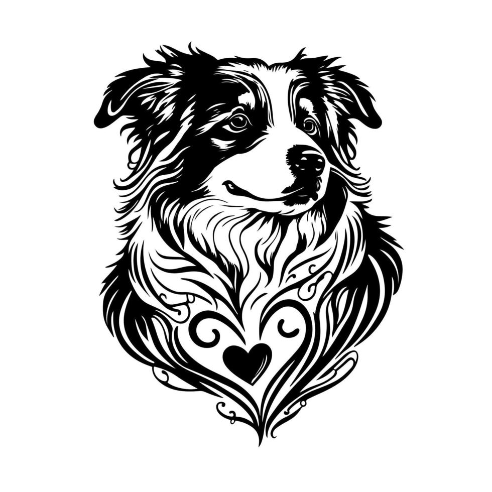 overladen portret van een Australisch herder hond met een liefde hart vorm geven aan. ontwerp element voor logo, poster, kaart, banier, embleem, teken. monochroom vector illustratie.