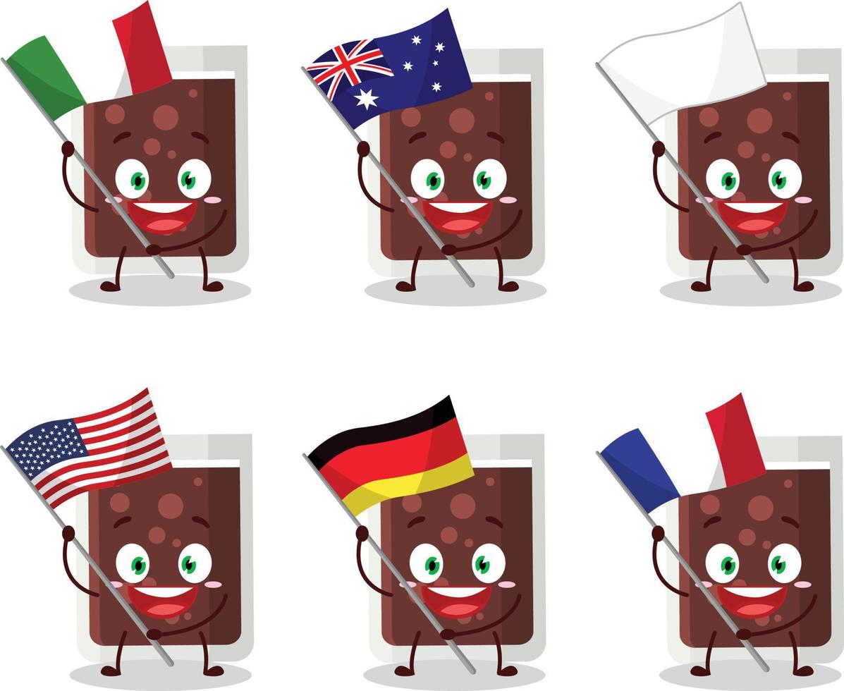 glas van cola tekenfilm karakter brengen de vlaggen van divers landen vector