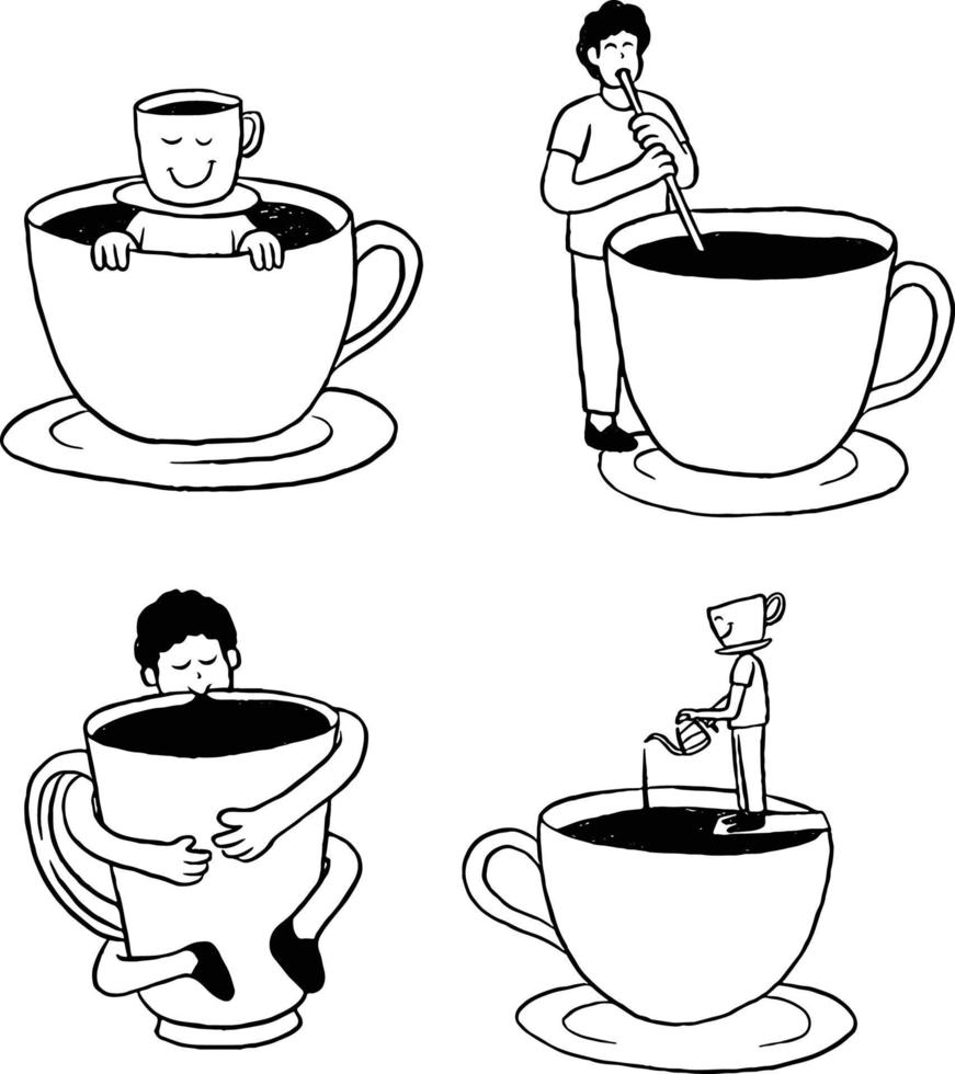 surrealistische tekening karakter mascotte pret koffie cafe winkel. hand- getrokken vector illustratie.