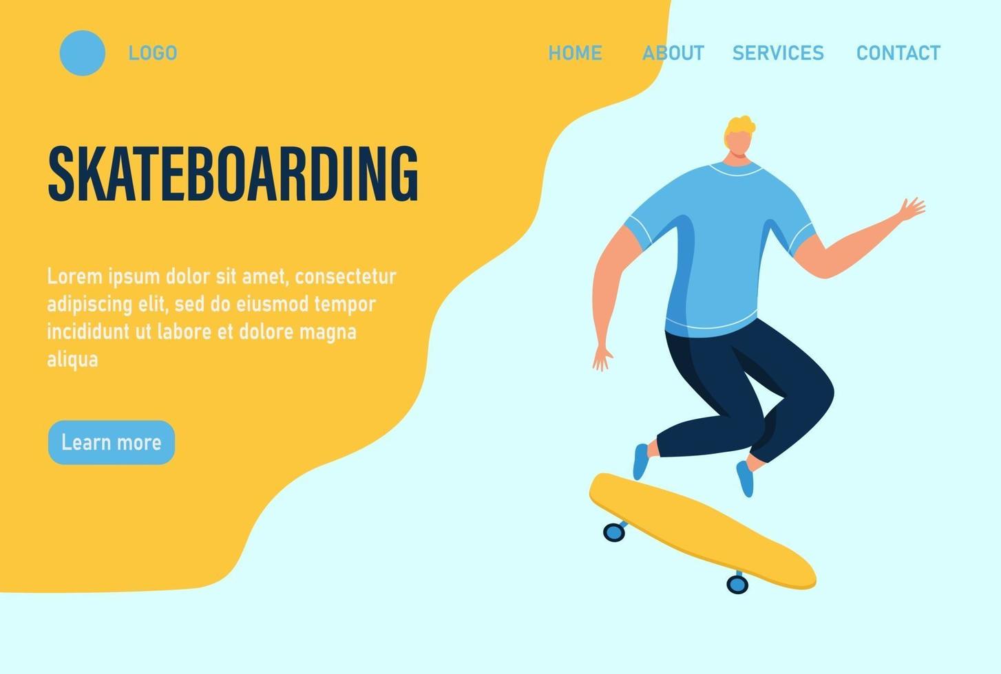 een jonge man of tiener rijdt op een skateboard. website startpagina landing webpagina sjabloon. platte vectorillustratie. vector