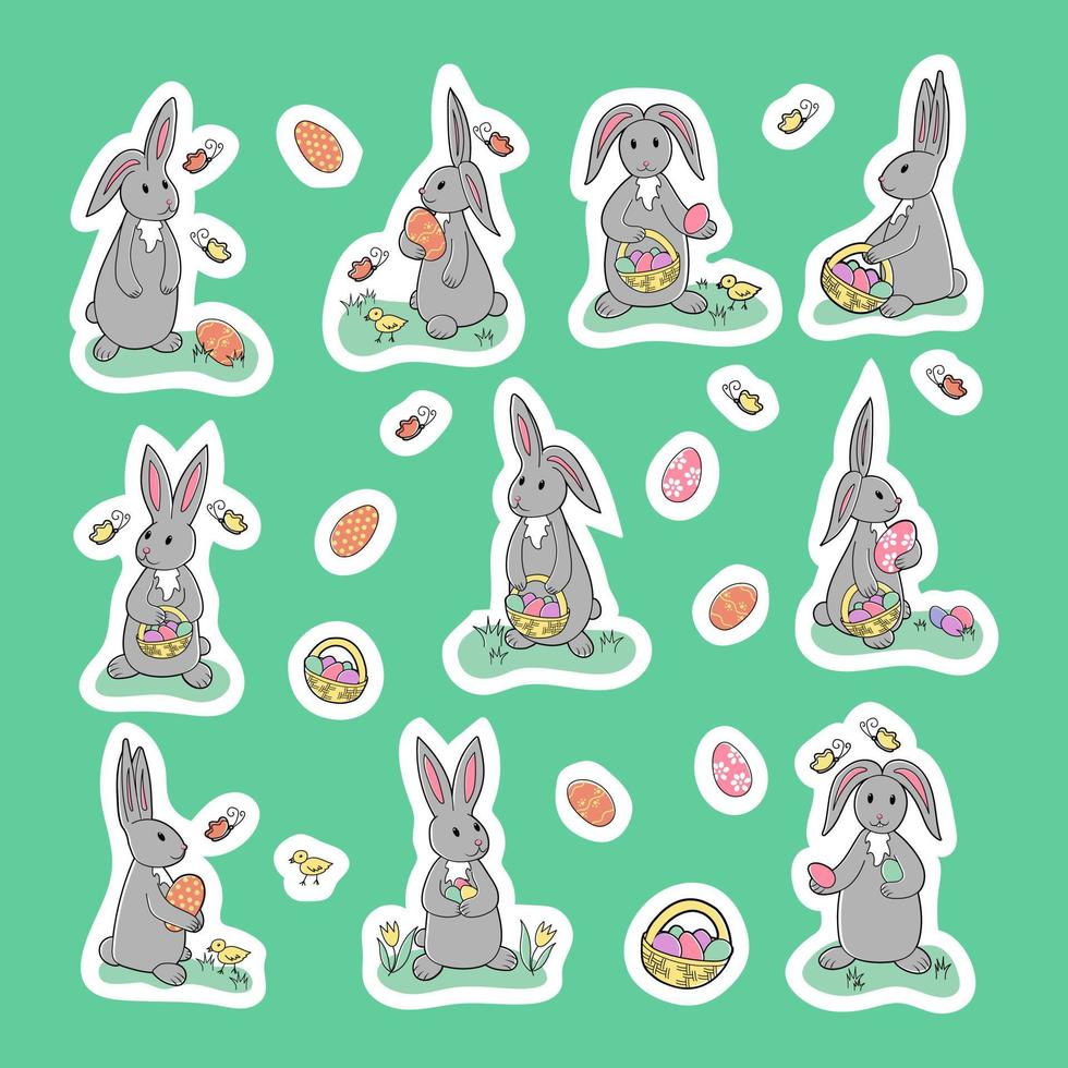 tekenfilm grijs hand- getrokken Pasen konijntjes Aan de gras, manden met eieren en vlinders. reeks van uniek geïsoleerd stickers - konijnen, versierd eieren, manden met gekleurde eieren. perfect voor kinderen vector