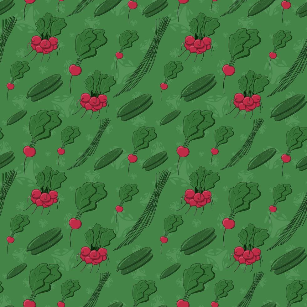 levendig hedendaags naadloos veganistisch patroon. komkommers, radijs, voorjaar uien Aan de groen achtergrond. vector vlak textuur. perfect voor keuken kleding stof, papier, omslag, inpakken, interieur decoratie